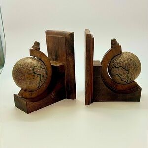 Vintage Globe Bookends Rotating Wooden Old World Map Wood Rustic Library Decor